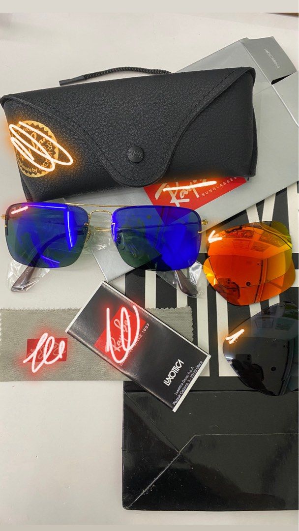 MEN / WOMEN SUNGLASSES (Category: Sunglasses & Eyewear) located in San Juan City. Submitted by wristcheckdiaries (Listing ID 1460957162, Image 2). Description: - Genuine Rb Aviator sunglasses - Includes 3 lens options: green, blue mirror, and orange mirror - Comes with original case and cleaning cloth - Easily switch lenses to match your style - Authentic Luxottica product.