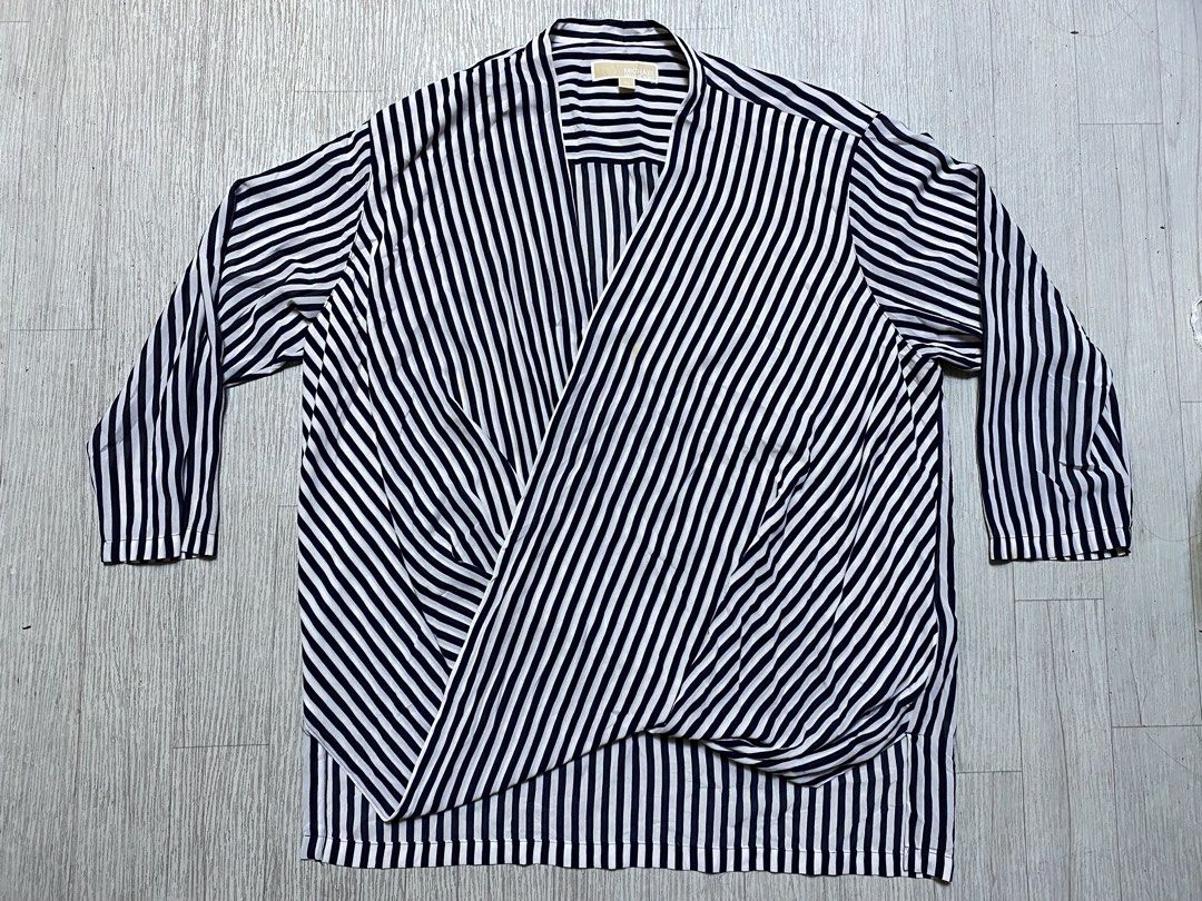 Michael Kors Striped Wrap Blouse (Category: Blouses) located in Pasig City. Submitted by terrencec34805 (Listing ID 1461092752, Image 1). Description: vertically striped draped wrap-front blouse by Michael Kors featuring a stylish crossover V-neckline Excellent condition Size:XL Width:23.5 Length:29.