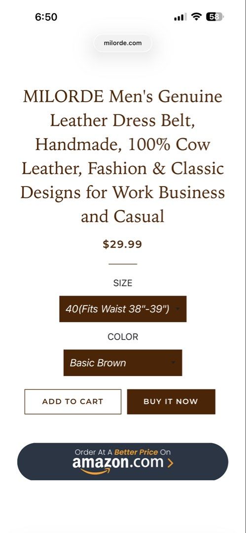 MILORDE Men's Genuine Leather belt (Category: Belts) located in Makati City. Submitted by randombloggingstuff (Listing ID 1461112907, Image 3). Description: Selling MILORDE men's genuine leather belts. I have 2 pieces, 1 black, 1 brown It's handmade from 100% cow leather. Classic design, good for work or casual wear. This one is size 40, fits waist 38-39 inches. Buckle is silver-toned. Great quality belt. Original price is 1800 each..