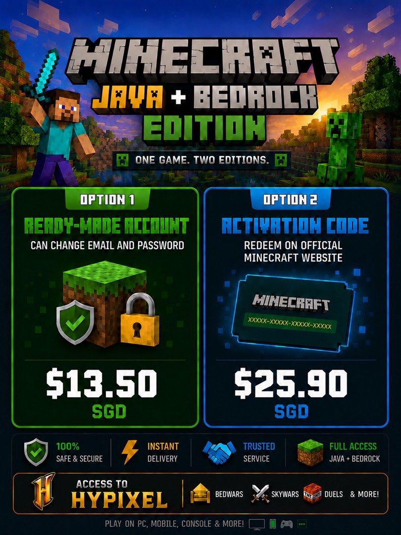 Minecraft Java & Bedrock (Category: Game Gift Cards & Accounts) located in Singapore. Submitted by hzohh (Listing ID 1461003113, Image 1). Description: For account (Only can be used on Mac and Windows) .