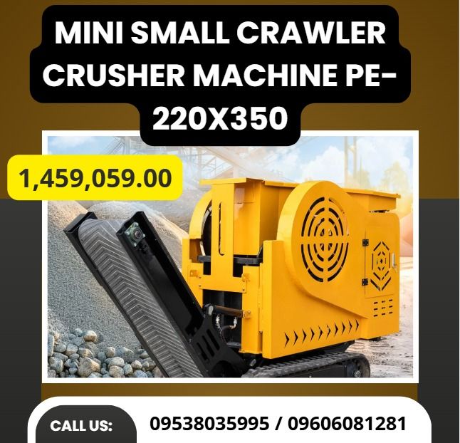 Mini Small Crawler Crusher Machine PE-220x350 (Category: Construction Tools & Equipment) located in Caloocan City. Submitted by ultimatebi56643 (Listing ID 1460927023, Image 1). Description: ●PE-220x350 jaw crusher ●Feed opening size: 220x350mm ●Output size: 15-50mm ●Capacity: 6-9 tons/hour ●Traveling speed: 0-3km/h ●Dynamic system: Gasoline engine, Rato R500-V2- 18HP, 13KWV/3600r/min ●Conveyor: 400mm wide ●Weight: 3.5 tons ●Packing Dimension: 21