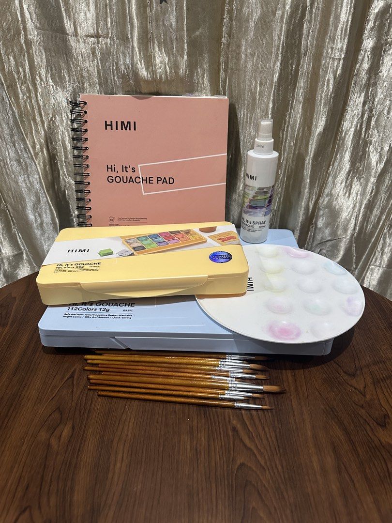 MIYA HIMI Gouache Paint, Brushes, & Pad (Category: Art & Prints) located in Quezon City. Submitted by gentle_le (Listing ID 1460944838, Image 1). Description: 🔹 MIYA HIMI 112-color 12ml gouache paint set (barely used) — ₱1,650 (original price: ₱2,100) 🔹 MIYA HIMI 18-color 30ml metallic gouache paint set (brand new, sealed) — ₱700 (OP: ₱750) 🔹 MIYA HIMI gouache pad (used) — ₱170 (OP: ₱245) 🔹 MIYA gouache spray 200 ml (barely used) — ₱230 (OP: 