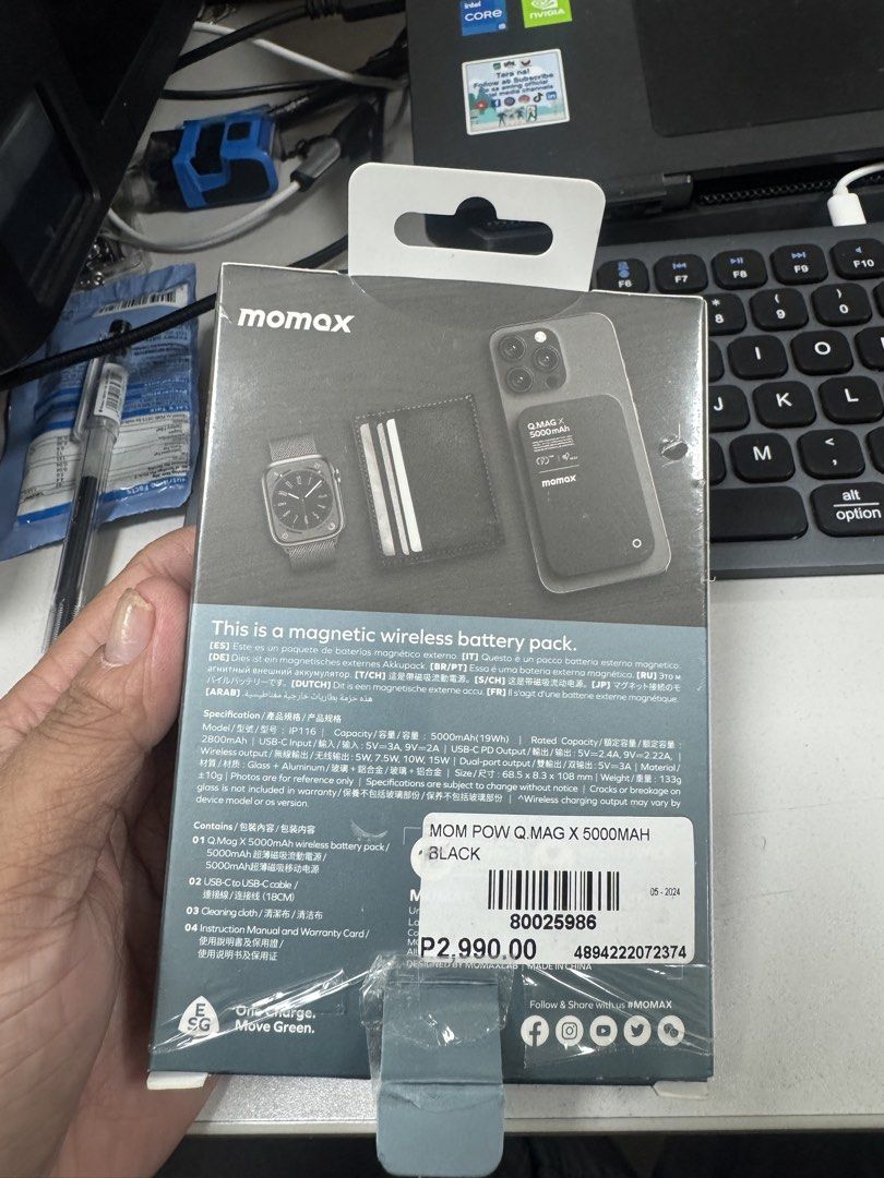 Momax 5000mAh (Category: Batteries & Power Banks) located in San Juan City. Submitted by poldzhon (Listing ID 1460898063, Image 2). Description: MOMAX 5000mAh MagSafe Magnetic Power Bank Compact and convenient magnetic wireless power bank—perfect for iPhone users who need extra battery while on the go. 🔋 Capacity: 5,000mAh 🧲 Magnetic / MagSafe Compatible ⚡ Wireless charging 🔌 USB-C charging 📱 Slim, lightweight & portable ✈️ Travel-friendly si