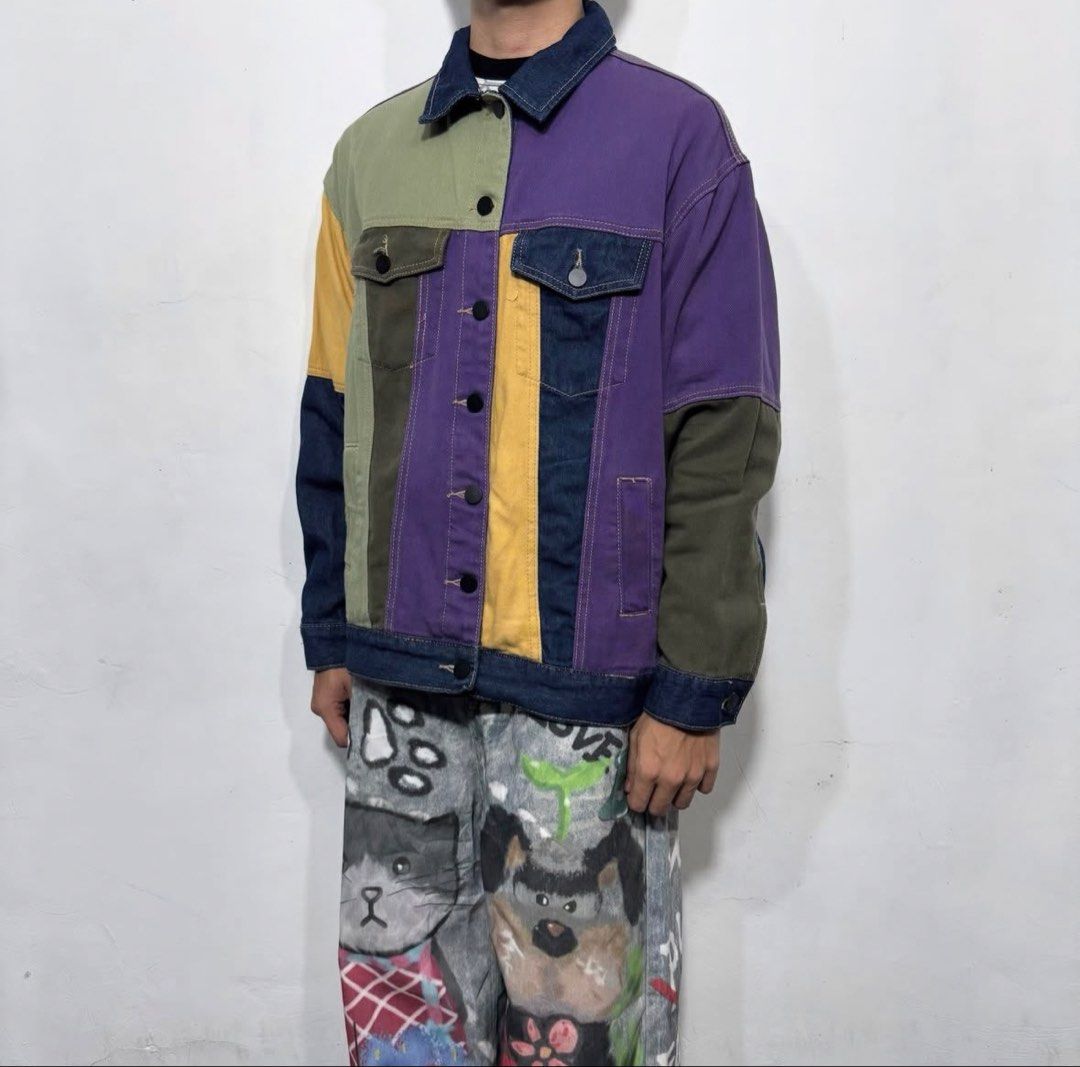 Multi color patchwork denim jacket (Category: Activewear) located in San Carlos. Submitted by used.but.not.abused. (Listing ID 1460936022, Image 2). Description: Top: patchwork multi color denim button down jacket Width x Length: 21.5x25 Sleeve: 21 Condition: 9/10 Issue: none.