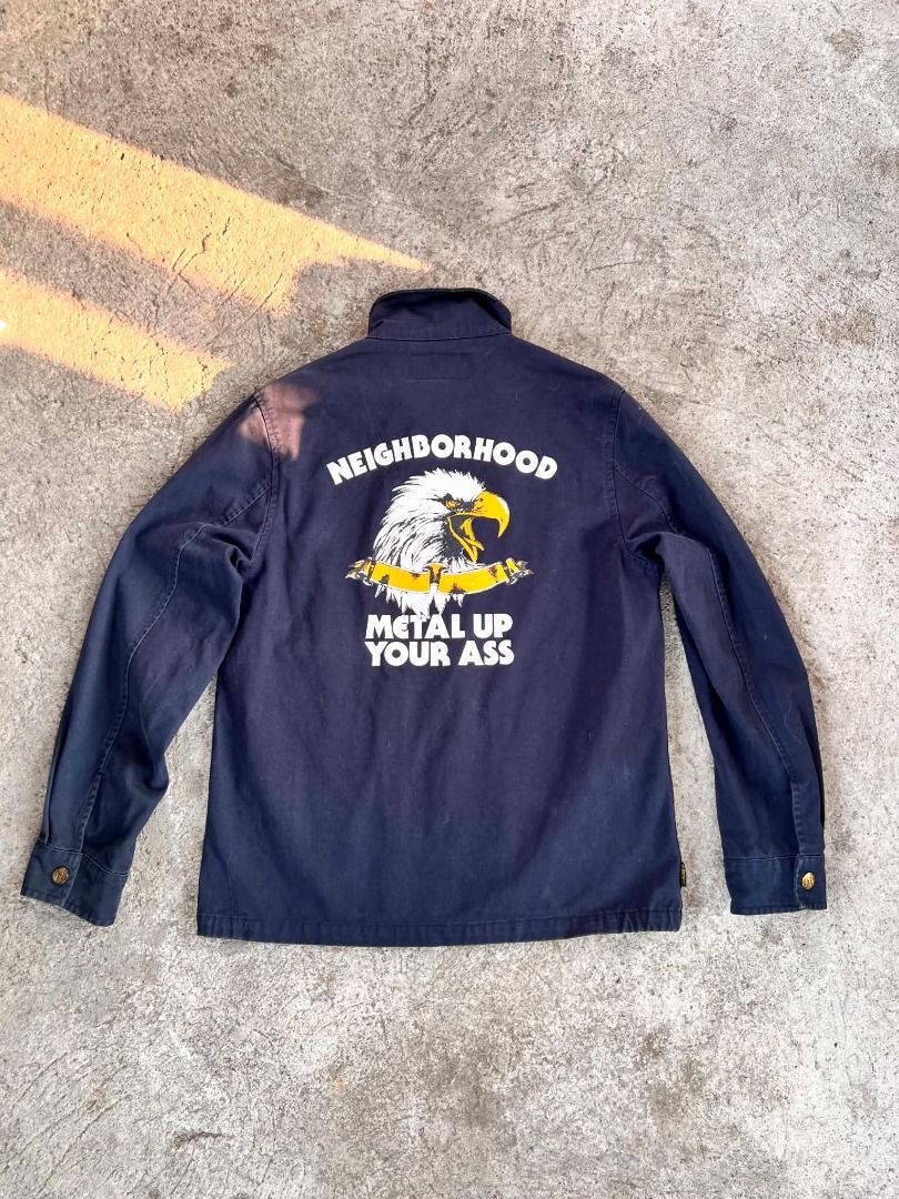 Neighborhood Metal Work Jacket (Category: Coats, Jackets and Outerwear) located in Caloocan City. Submitted by veliichoir (Listing ID 1461051261, Image 2). Description: Neighborhood adapt their cool graphics to pay homage to heavy metal band Metallica. Capturing the Tokyo label’s passion for classic Americana, this reworking of a typical workwear jacket sees a printed chest and rear display graphics from Metallica’s discography, decorated with an