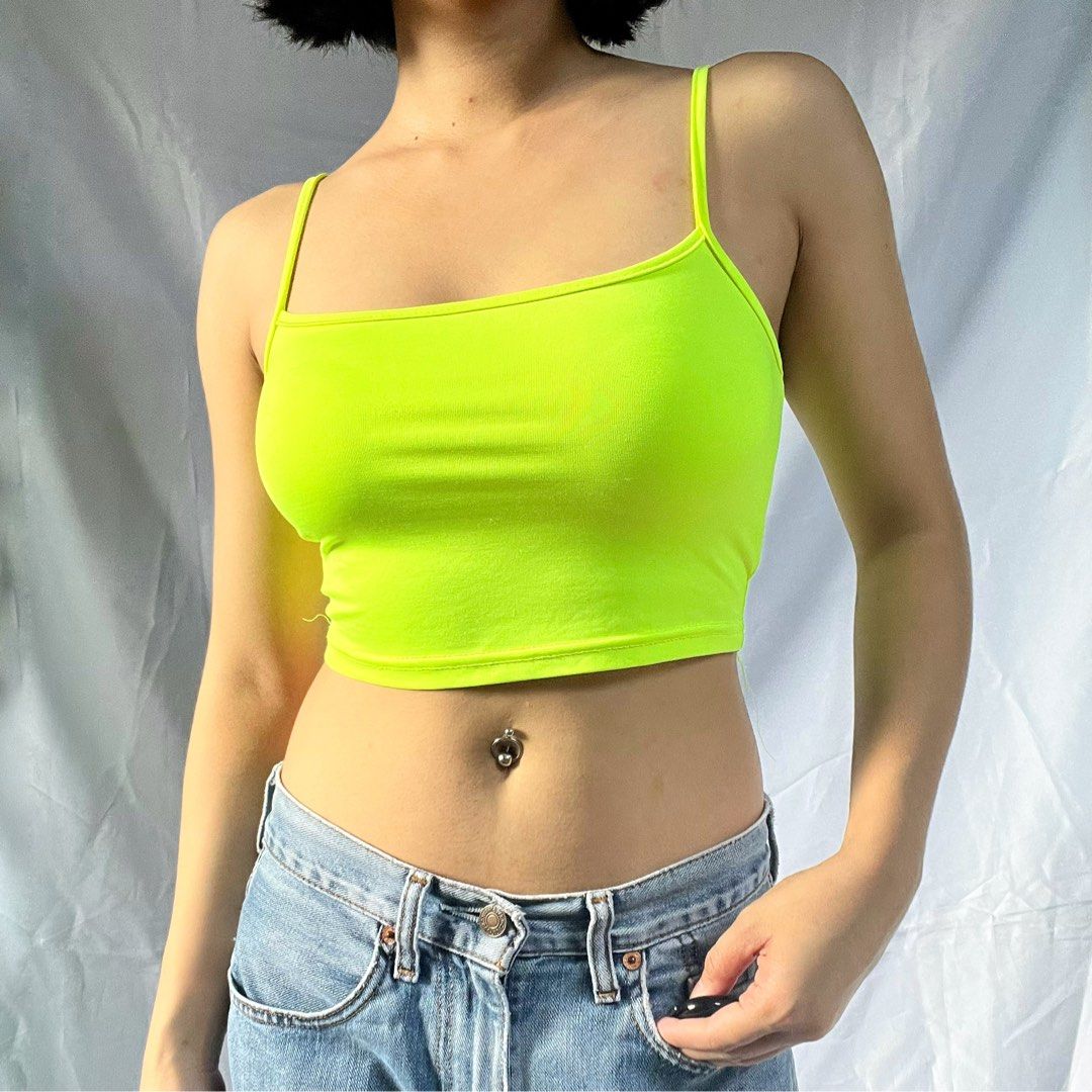 Neon Green Spaghetti Strap Square Neck Crop Top (Category: Sleeveless) located in Manila. Submitted by demi.rewears (Listing ID 1460927217, Image 1). Description: Super bright neon green crop top with thin spaghetti straps and a square neckline. Stretchy and comfortable, perfect for festivals or nights out. Size: Fits Extra Small (XS) Bust: Fits 26” to 29” (13.5” flat lay) Length: 8” (Micro Crop).
