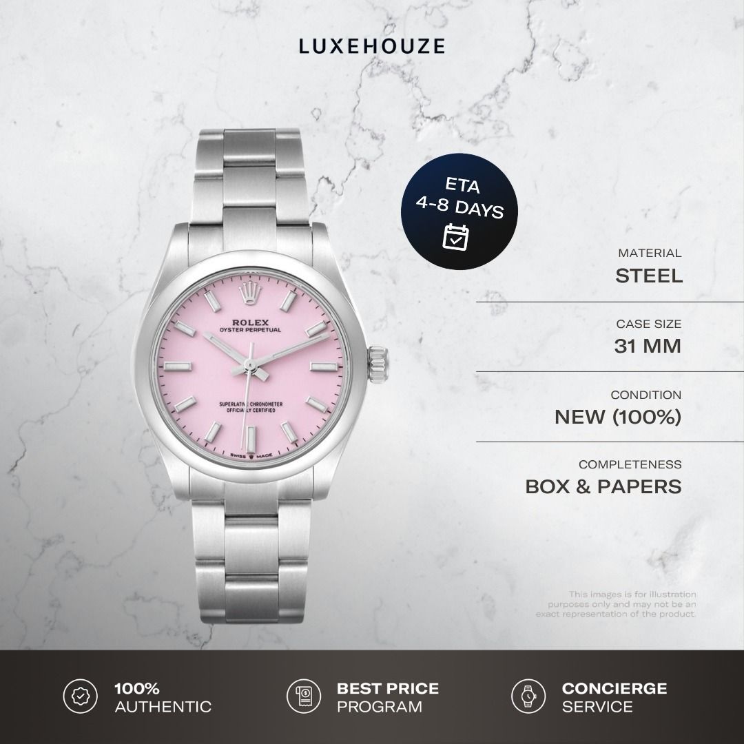 New Nov 2025 Rolex Oyster Perpetual 31 277200 Candy Pink Dial (Category: Watches) located in Singapore. Submitted by luxehouze (Listing ID 1458964812, Image 1). Description: Luxehouze is your trusted marketplace to buy and sell luxury goods. Luxehouze SG Pte Ltd is a licensed luxury goods marketplace and regulated dealer. WHY US? 100% Authentic with Money-Back Guarantee Best Price Program* Curated Collection * T&Cs apply. OUR SERVICES • Watch Pur