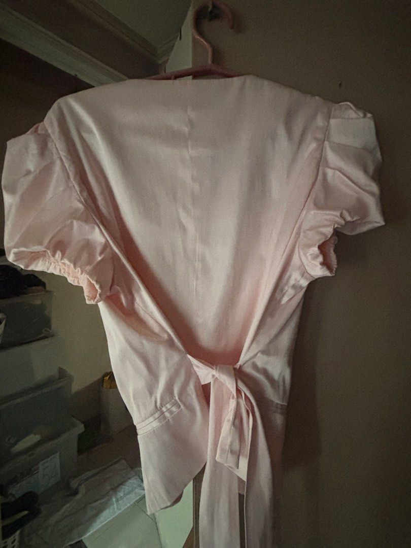 NICESPACE Collection Pink Blazer with Tie Back (Category: Coats, Jackets and Outerwear) located in Quezon City. Submitted by santimartelino (Listing ID 1461001962, Image 3). Description: - Pink cropped blazer from NICESPACE Collection - Short puff sleeves - Single button closure - Tie details at the back - Satin-like material - FITS XS-S - Ideal for dressing up outfits.