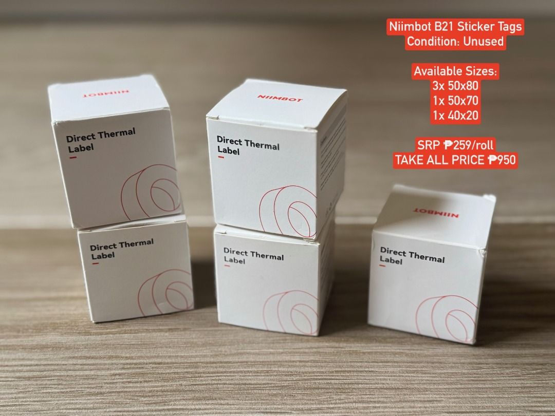 Niimbot B21 Sticker Tag Rolls (TAKE ALL) (Category: Printers, Scanners & Copiers) located in Davao. Submitted by renewfinds (Listing ID 1461088680, Image 1). Description: Niimbot B21 Printer Available Sizes: 3x 50x80 1x 50x70 1x 40x20 SRP P259/roll TAKE ALL P950.
