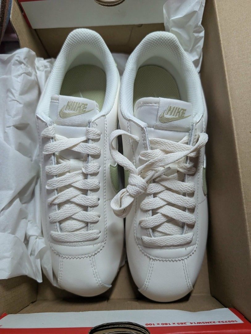 Nike Cortez White Light Green Sneakers (Category: Sneakers) located in Pasay City. Submitted by jaydee05 (Listing ID 1461112259, Image 1). Description: - Classic Nike Cortez sneakers - White leather with light green swoosh and heel tab - Includes original box and packaging - Ideal for casual wear - Comfortable and stylish design No issues brand new Original RFS- DECLUTTERING.