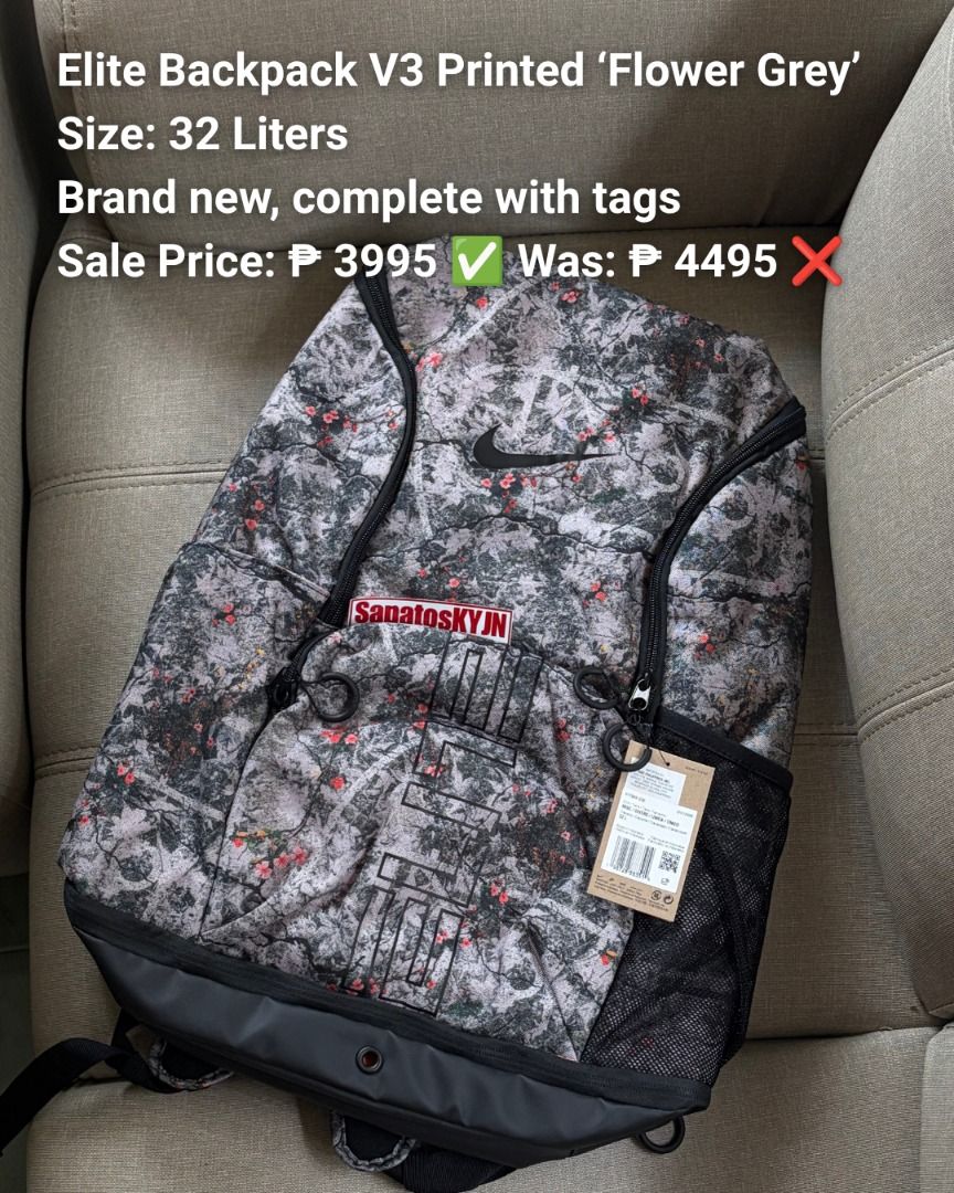 Nike Elite Bag / Elite Backpack v3 Printed 'Flower Grey' (Category: Backpacks) located in Balanga. Submitted by hehehehehehehehehehehehehehehe (Listing ID 1460931708, Image 1). Description: CLEARANCE SALE ‼️ ₱ 3995 ONLY ✅ (srp ₱ 4495) ❌ N!ke Elite Backpack V3 Printed ‘Flower Grey' Size: 32 Liters Item is brand new, 100% legit 💯 Location: Balanga City 📍 Shipping: Jrs / Lbc 🚛 FB & IG: SapatosKYJN.