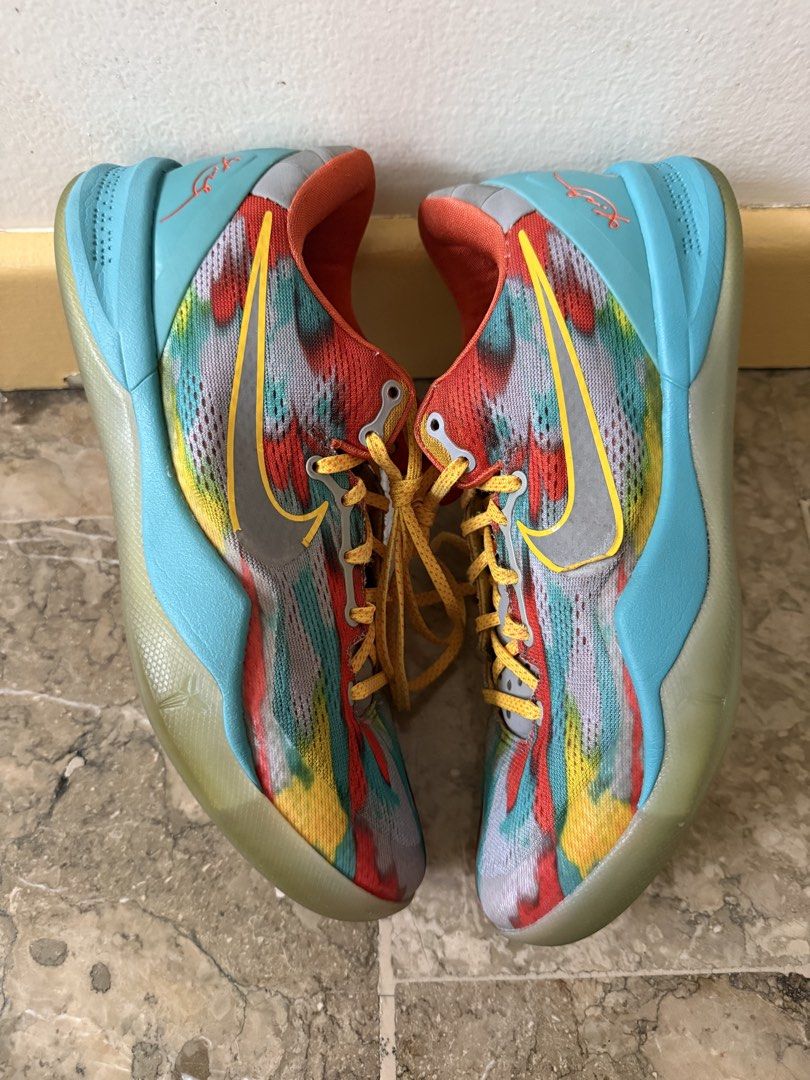 Nike Kobe 8 Protro Venice Beach (Category: Sneakers) located in Marikina City. Submitted by z-mart (Listing ID 1461015869, Image 2). Description: - April 2024 Release - 100% Authentic - Size: 9 US Men's - Condition: 8/10 - Usage: Used for hoop/play sessions. Midsoles, React drop-in insoles, and uppers are completely solid and performance-ready. - Flaws: Features noticeable peeling along the printed yellow Swoosh logos on the uppers, normal yellow