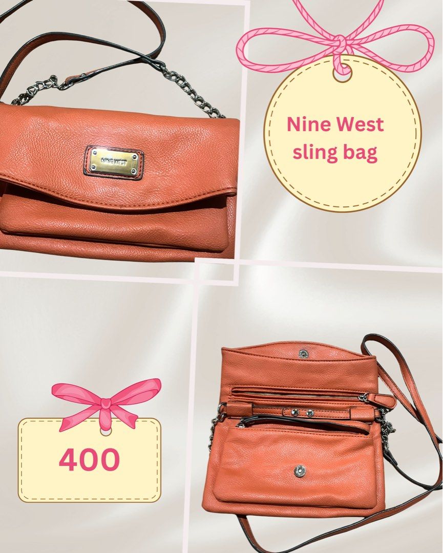 Nine West Orange Sling Bag (Category: Cross-body Bags) located in Las Pinas. Submitted by xoxomori (Listing ID 1461053508, Image 1). Description: - Chic orange Nine West sling bag - Versatile strap options: stylish chain and comfortable leather - Multiple interior compartments for excellent organization - Secure magnetic snap closure on the front pocket - Zipped main compartments for added security - Ideal for everyday errands and outings.
