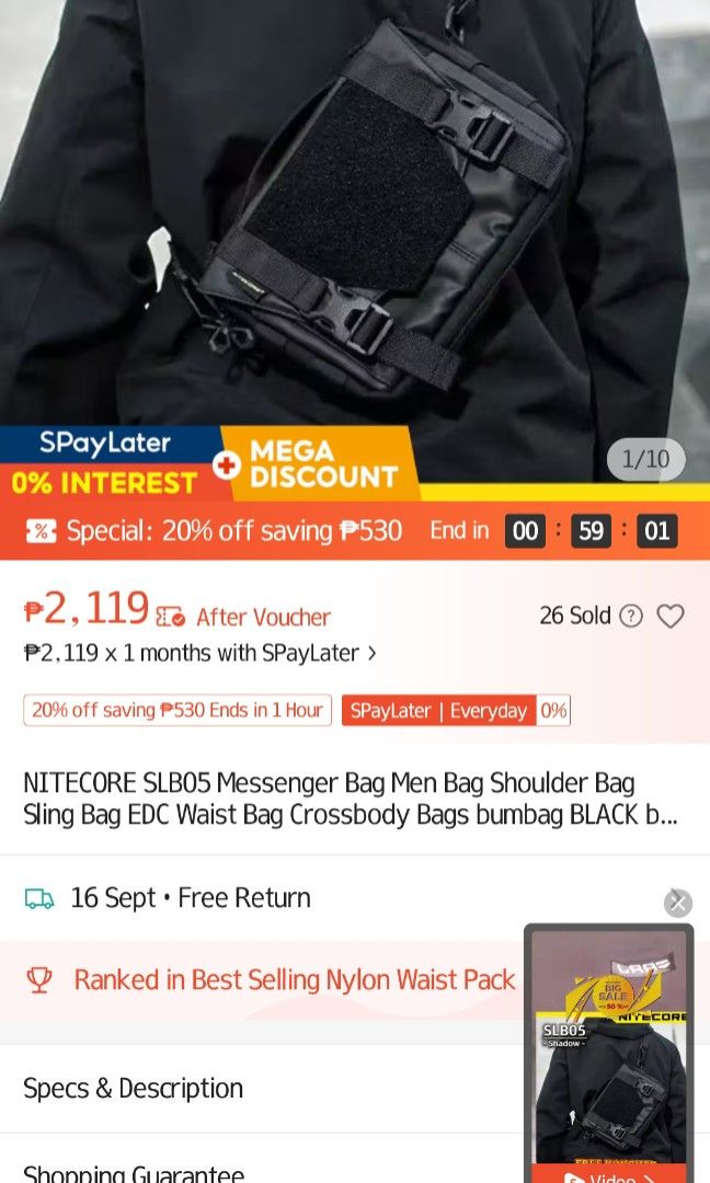 Nitecore Sling Bag (Category: Sling Bags) located in General Trias. Submitted by qwerty2015 (Listing ID 1460938118, Image 3). Description: - Durable black messenger bag - MOLLE system on front and sides for customizable attachments - Velcro panel on the flap for quick access - Adjustable strap with comfortable shoulder padding - Multiple internal compartments for excellent organization - Built with tough, long-lasting material.