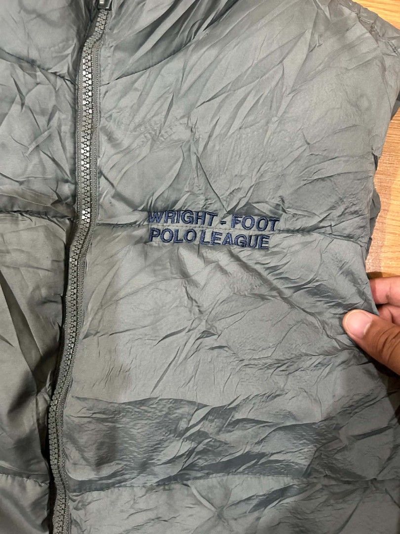 OLD NAVY Water-Resistant Puffer Vest (Category: Coats, Jackets and Outerwear) located in General Mariano Alvarez. Submitted by armorthrift.ph (Listing ID 1461027501, Image 3). Description: OLD NAVY Water-Resistant Puffer Vest 🏷️ Authentic Old Navy inner tag (Medium / Water-Resistant) 🩶 Charcoal gray / dark slate blue-gray colorway 🪡 Embroidered "WRIGHT - FOOT POLO LEAGUE" chest detail ⚡ Full-zip front closure with a fleece-lined high collar fo
