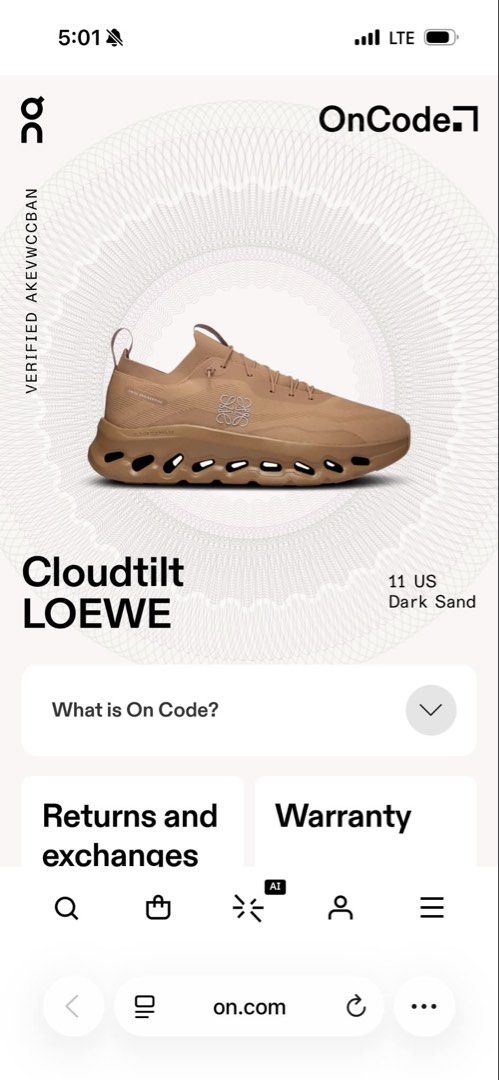 On Running Cloudtilt x Loewe Dark Sand Sneakers (Category: Sneakers) located in Davao. Submitted by hobindibej11299 (Listing ID 1460935944, Image 3). Description: - Limited Edition On Running Cloudtilt x Loewe collaboration - Color: Dark Sand - Size: 10 US - Ideal for running and casual wear - Comes with original box.