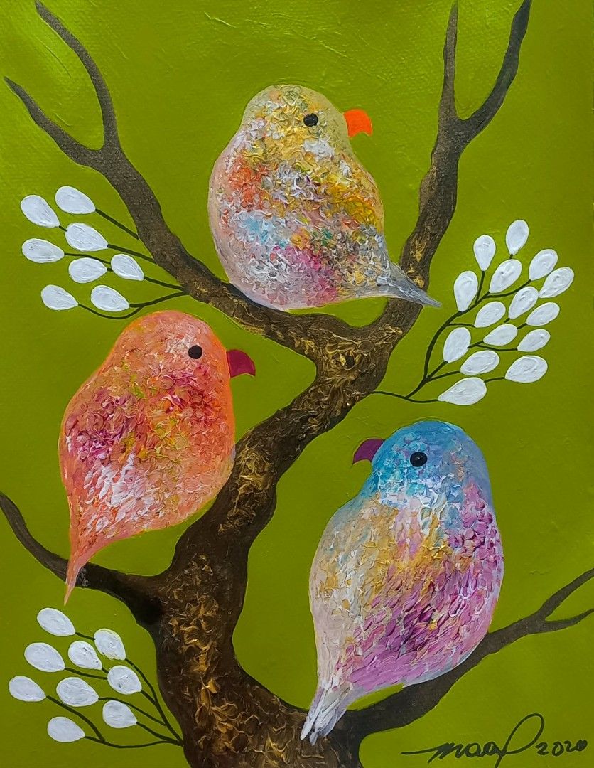 Original Textured Bird Painting on Canvas (Category: Other Home Decor) located in Manila. Submitted by jesuschrist1 (Listing ID 1461090547, Image 1). Description: - Hand-painted artwork featuring colorful birds on a tree branch. - Vibrant colors on a green or blue background. - Ideal for home decor..