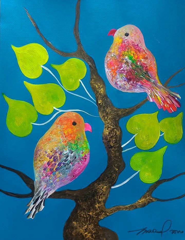 Original Textured Bird Painting on Canvas (Category: Other Home Decor) located in Manila. Submitted by jesuschrist1 (Listing ID 1461090547, Image 2). Description: - Hand-painted artwork featuring colorful birds on a tree branch. - Vibrant colors on a green or blue background. - Ideal for home decor..