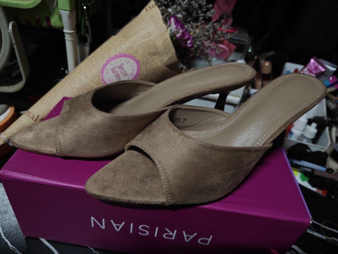 PARISIAN Suede Mules Heels Size 7 (Category: Heels) located in Pasig City. Submitted by martissahe23421 (Listing ID 1460972658, Image 2). Description: BRAND NEW Parisian Heels Size 7 | With Box | Never Worn- Parisian tan suede mules - Size 7 - Pointed toe design - Small heel - Easy slip-on style - Versatile for dressing up or down.