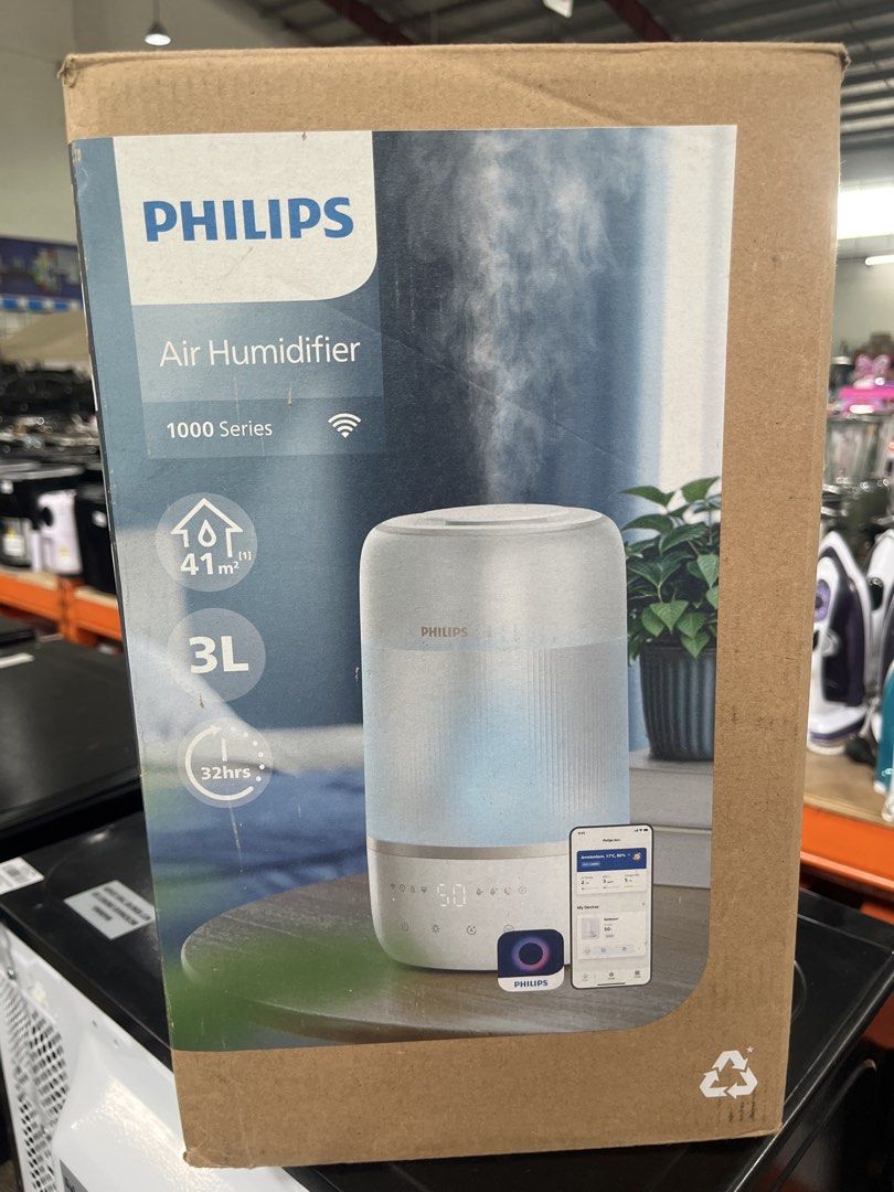 Philips 1000 Series Air Humidifier 3L (Category: Air Purifiers & Dehumidifiers) located in Caloocan City. Submitted by hmr.gomez (Listing ID 1460956286, Image 1). Description: - Philips Air Humidifier 1000 Series - Covers up to 41m² - 3L water tank capacity - Up to 32 hours of operation - WiFi connectivity - Enhances home air quality.