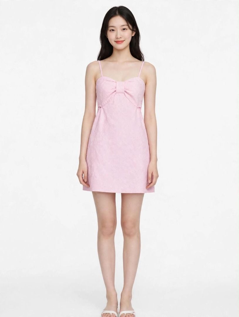 Pink Bow Spaghetti Strap Mini Dress#73 (Category: Dresses) located in Caloocan City. Submitted by outfitloop (Listing ID 1461115261, Image 1). Description: - Adorable pink mini dress - Features a large bow detail on the bust - Textured fabric all over for a unique look - Comfortable elasticated waistline - Flattering A-line skirt IMPORTANT: • 1st photo is an AI styling/model preview for reference on how the item may look when worn. • Please refer