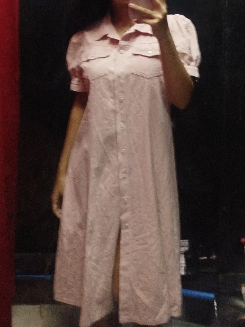 Pink Button-Down Midi Dress with Puff Sleeves (Category: Dresses) located in Quezon City. Submitted by cuteitemsonlyyy (Listing ID 1461045109, Image 3). Description: - Adorable pink midi dress - Classic button-down front with a collar - Trendy puff sleeves - Stylish midi length with a convenient slit - Versatile for casual wear or dressing up - Effortless to style and wear.