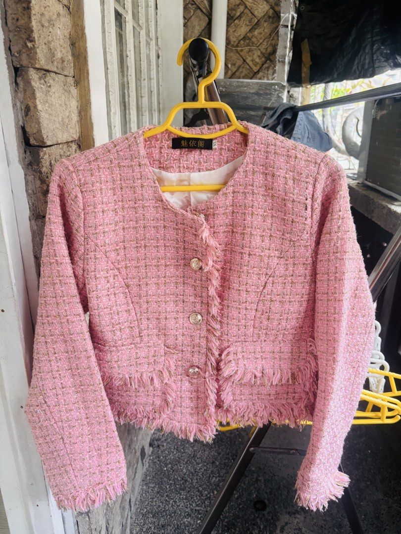 Pink Tweed Jacket with Gold Thread and Fringed Hem (Category: Coats, Jackets and Outerwear) located in Manila. Submitted by yanastash (Listing ID 1461027781, Image 1). Description: 🩷 Pink & Gold Tweed Jacket 🩷 ✨ Condition: Preloved ⚠️ Issue: Please see photos for the actual condition/details. 🎀 Details: • Cute pink tweed jacket • Woven with shimmering gold threads ✨ • Stylish fringed hem and cuffs • Two front button closures • Perfect for dres