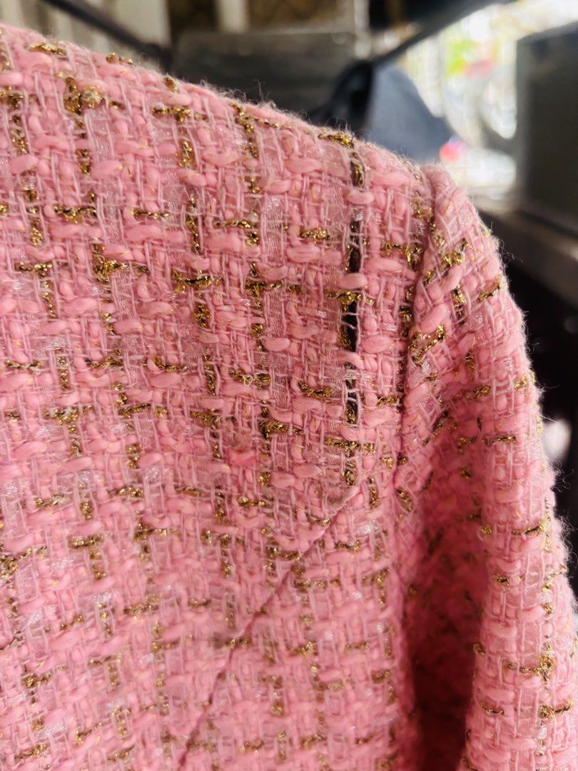 Pink Tweed Jacket with Gold Thread and Fringed Hem (Category: Coats, Jackets and Outerwear) located in Manila. Submitted by yanastash (Listing ID 1461027781, Image 3). Description: 🩷 Pink & Gold Tweed Jacket 🩷 ✨ Condition: Preloved ⚠️ Issue: Please see photos for the actual condition/details. 🎀 Details: • Cute pink tweed jacket • Woven with shimmering gold threads ✨ • Stylish fringed hem and cuffs • Two front button closures • Perfect for dres