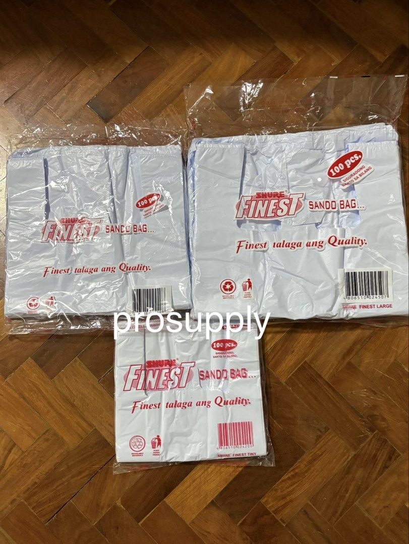 Plain white plastic sando bag (Category: Waste Bins & Bags) located in Quezon City. Submitted by sam.kim (Listing ID 1461008182, Image 3). Description: Tiny 8x10.5” (100 pcs per pack) P43 Medium 10x12” (100 pcs per pack) P89 Large 12x15” (100 pcs per pack) P142 XL 14x18” (50 pcs per pack) P133 .