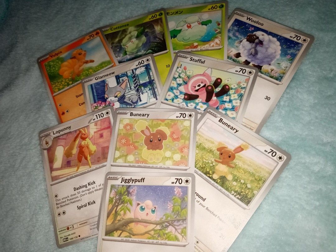pokemon cute cards (Category: Raw Singles) located in Quezon City. Submitted by ssiww (Listing ID 1460999602, Image 3). Description: SOLD AS SET t. jigglypuff buneary lopunny stufful glameow vulpix cotonee wooloo +sf mop: gcash, maya, maribank, or gotyme mod: j&t.