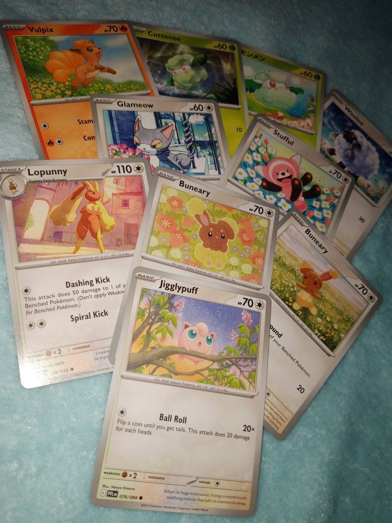 pokemon cute cards (Category: Raw Singles) located in Quezon City. Submitted by ssiww (Listing ID 1460999602, Image 2). Description: SOLD AS SET t. jigglypuff buneary lopunny stufful glameow vulpix cotonee wooloo +sf mop: gcash, maya, maribank, or gotyme mod: j&t.
