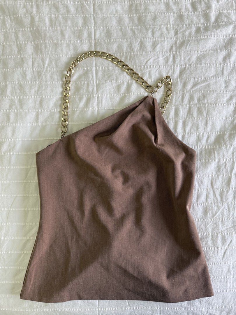Pomelo Gold-Chain Strap Asymmetrical Top in Brown (Category: Sleeveless) located in Tarlac. Submitted by samdeclutters_ (Listing ID 1461008309, Image 2). Description: - Size: XS - Material: Polyester / Spandex - Features: Gold chain strap, invisible back zip - Used once.