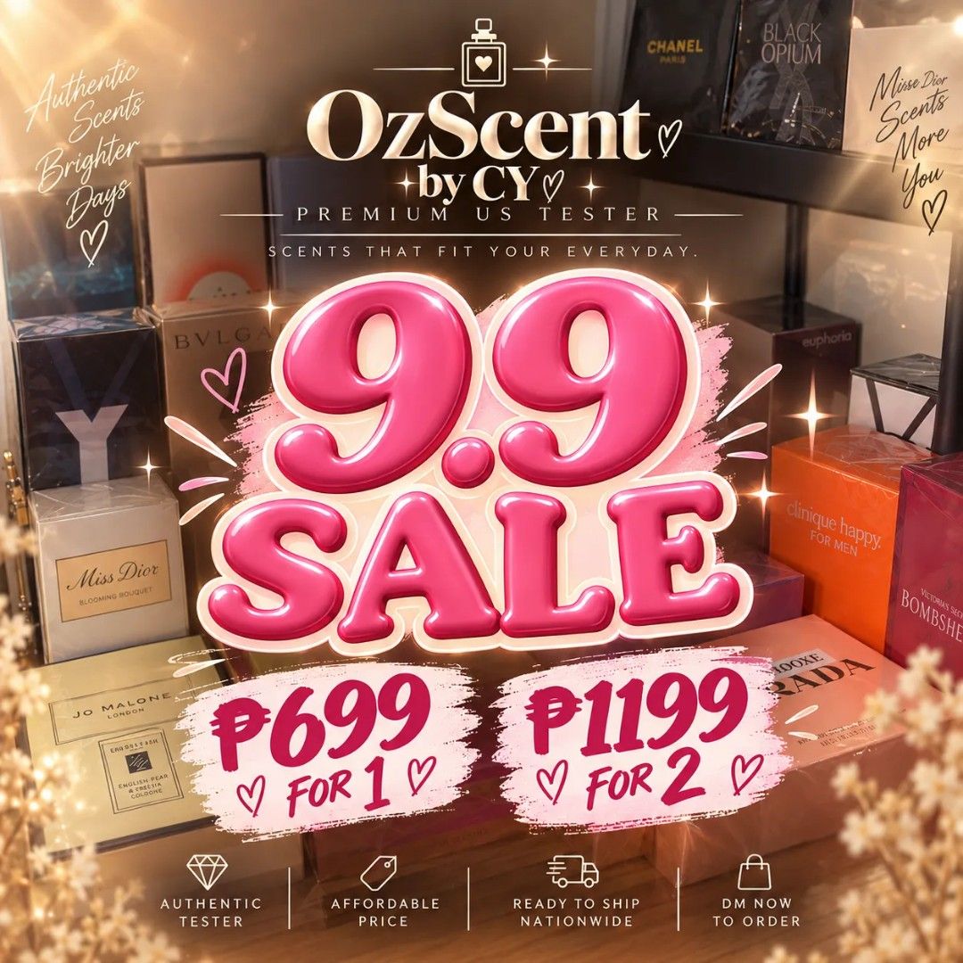 PREMIUM PERFUME TESTER (Category: Fragrance & Deodorants) located in Quezon City. Submitted by ozscent.by.cy (Listing ID 1461086615, Image 1). Description: ✨ 9.9 SALE IS HERE! ✨ Your favorite scents are now available at a special 9.9 price! 😍✨ 🌸 ₱699 for 1 🌸 ₱1,199 for 2 Perfect time na para mag-add ng new scent sa collection mo—or sabay kayong bumili ng bestie, jowa, or family! 💕👯‍♀️ ⏰ 9.9 SALE ONLY! 📦 Ready to ship nationwide ✨ Authentic 