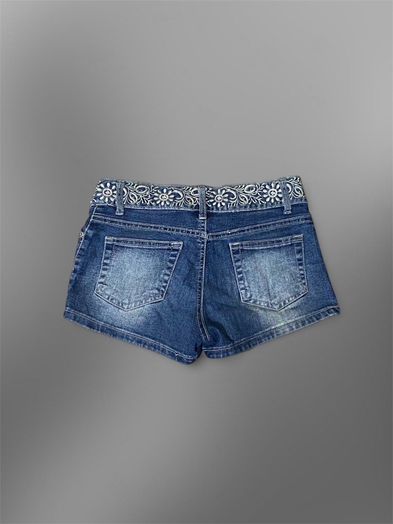 premium y2k embroidered denim micro shorts (Category: Shorts) located in Caloocan City. Submitted by blairbyysha (Listing ID 1461094795, Image 2). Description: •Size 28 | Length 8.5 •low waist • detailed floral embroidered waistband • unique design.