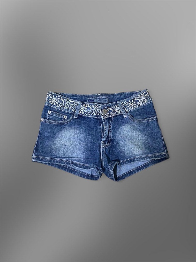 premium y2k embroidered denim micro shorts (Category: Shorts) located in Caloocan City. Submitted by blairbyysha (Listing ID 1461094795, Image 1). Description: •Size 28 | Length 8.5 •low waist • detailed floral embroidered waistband • unique design.