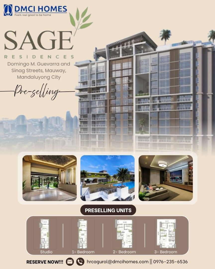 Preselling in Mandaluyong (Category: Apartments & Condos) located in Manila. Submitted by hanna_cagurol (Listing ID 1461097705, Image 1). Description: 🌿 SAGE RESIDENCES | Preselling 📍 Domingo M. Guevarra and Sinag Streets, Mauway, Mandaluyong City | Turnover: Feb. 2028 🏠 Studio | 1BR | 2BR | 3BR ✨ Modern high-rise living with resort-inspired amenities 📍 Near MRT Boni, Ortigas & BGC 💰 ₱30K Reservation | ₱10K Parking 📲 Message me for availabl