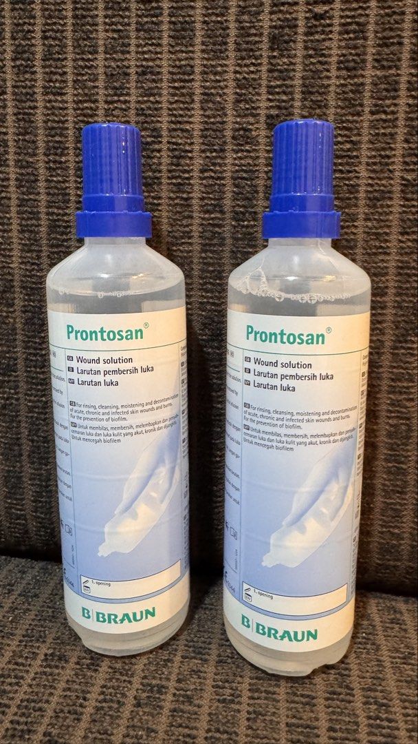 Prontosan Wound Solution by B Braun (Category: Medical Supplies & Tools) located in Paranaque City. Submitted by jaleel8 (Listing ID 1461030009, Image 2). Description: - Prontosan Wound Solution - Selling 2 bottles - For rinsing, cleansing, and moistening acute and chronic wounds and burns - Aids in decontamination - Helps prevent biofilm formation - Excellent for general wound cleaning.