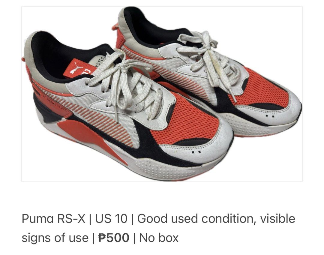 Puma RS-X US 10 (Category: Sneakers) located in Manila. Submitted by aybi.7.3.1 (Listing ID 1460996434, Image 1). Description: - Puma RS-X sneakers - US Size 10 - Used, with visible signs of wear - Original box not included - Price: P500.