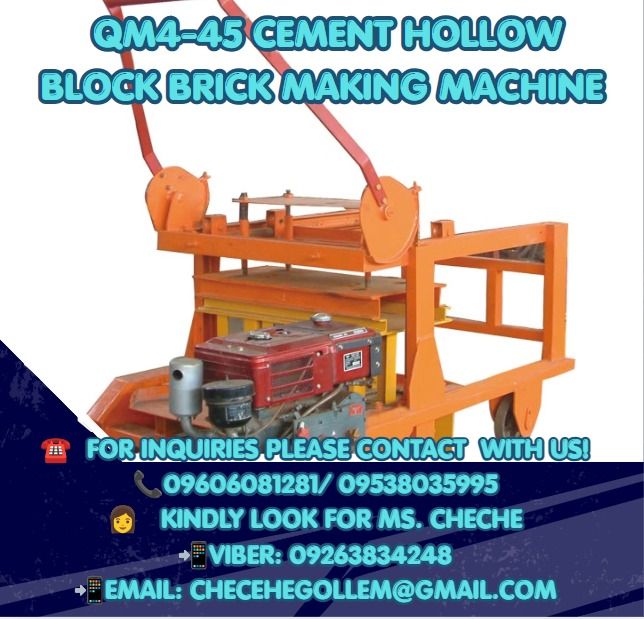 Qm4-45 Cement Hollow Block Brick Making Machine (Category: Construction Tools & Equipment) located in Caloocan City. Submitted by wildshark.ed516d (Listing ID 1460932995, Image 1). Description: ●Brick Type: Standard /Hollow/pavement brick ●Power: diesel engine/semi-auto ●Carriage Size: egg laying type 40-45s/1cycle ●Production Capacity: 240*115*53mm 26pcs/mould 240*115*90m 9pcs/mould 400*200*200mm 4pcs/mould 400*150*200mm 5pcs/mould ●Overall Size