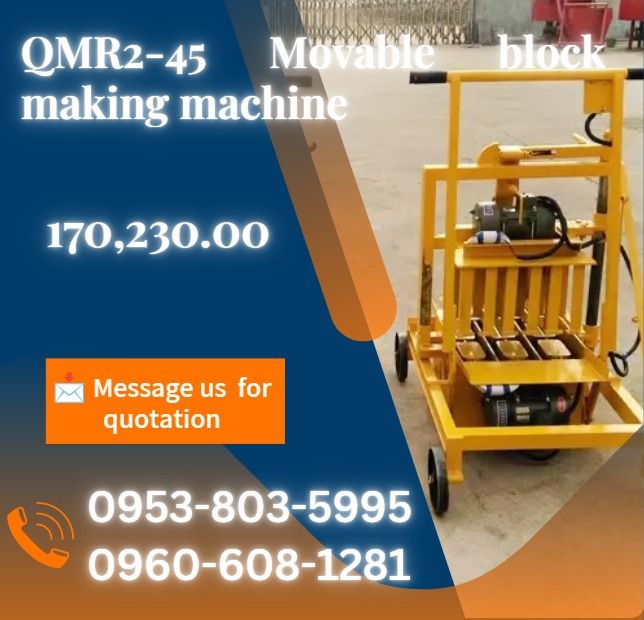 QMR2-45 Movable block making machine (Category: Construction Tools & Equipment) located in Lapu Lapu. Submitted by purebird.d6b6a1 (Listing ID 1460932783, Image 1). Description: ●Brick Type: Standard /Hollow brick ●Power: 1.5kw/Manual ●Carriage Size: 45s ●Production Capacity: 400*200*200mm 2 pcs/mould 400*150*200mm 3 pcs/mould 400*100*200mm 3pcs/mould ●Overall Size:800*650*1400mm ●Total Mass: 200 kg .