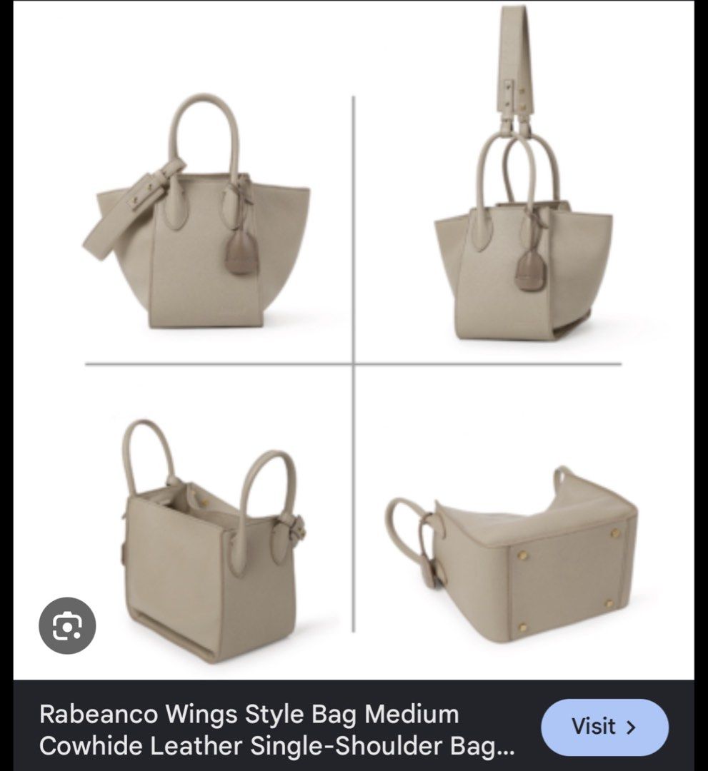 Rabeanco Wings Style Medium Cowhide Leather Bag (Category: Tote Bags) located in Lipa City. Submitted by thyra06 (Listing ID 1460931968, Image 3). Description: - Stylish grey leather tote bag - Medium size - Versatile: can be worn as a shoulder bag or crossbody - Interior features a zip pocket and a slip pocket - Elegant gold-toned hardware - Structured base with protective feet - Ideal for carrying daily essentials.