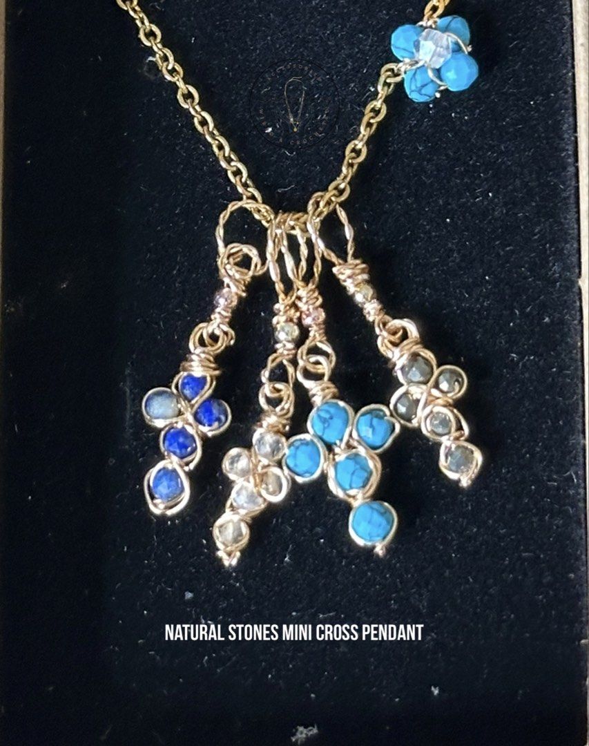 Real natural stones handmade mini cross pendant (Category: Necklaces) located in Muntinlupa City. Submitted by alabangbargains (Listing ID 1460989376, Image 2). Description: watch item video here: https://youtube.com/shorts/oFBNdo0380Q?si=8aBjGZBwenWJ9l9D Material:natural stones and pearl in 2-3mm size, fadeless kc gold color wire Handmade own design ‼️We customize for different stone preference depending on stone availability lightweight comfy t