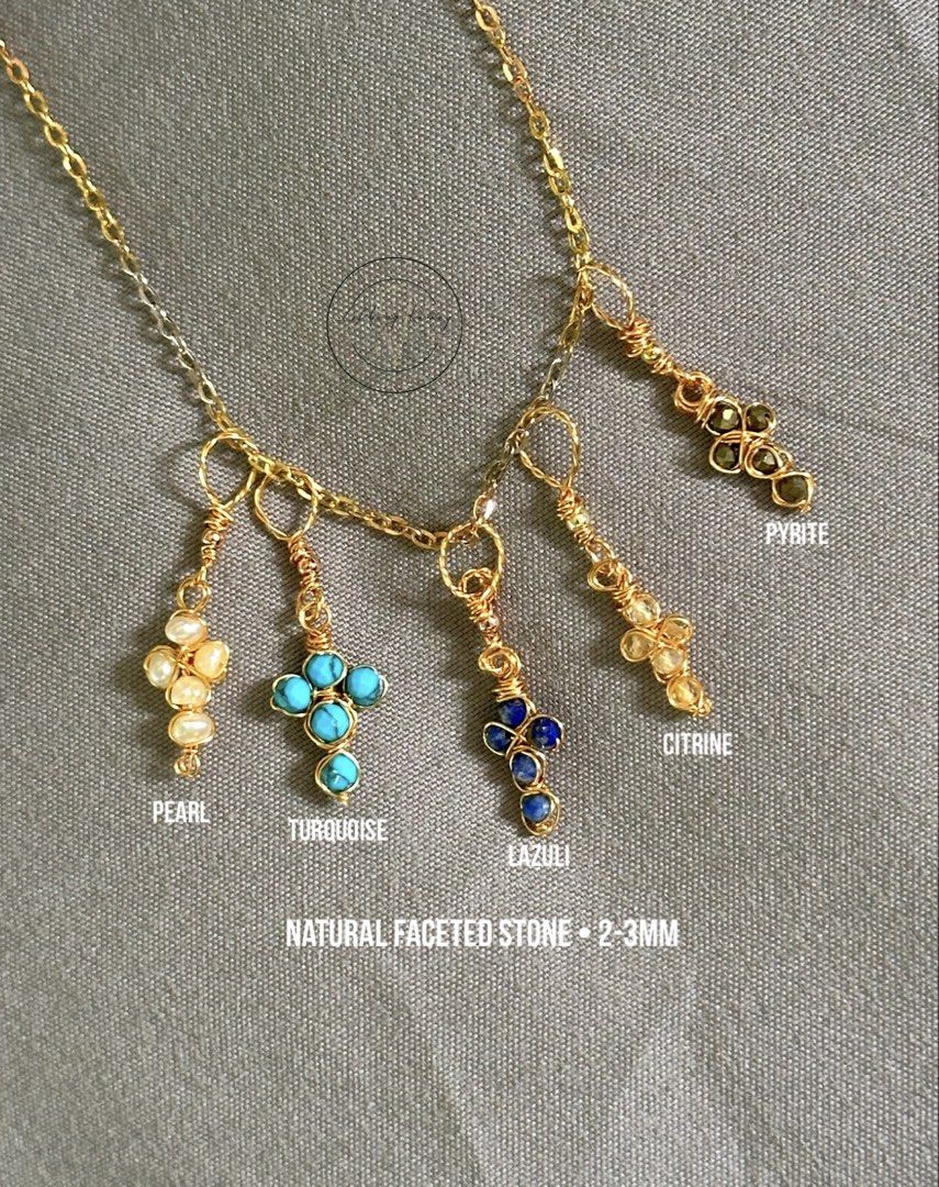 Real natural stones handmade mini cross pendant (Category: Necklaces) located in Muntinlupa City. Submitted by alabangbargains (Listing ID 1460989376, Image 3). Description: watch item video here: https://youtube.com/shorts/oFBNdo0380Q?si=8aBjGZBwenWJ9l9D Material:natural stones and pearl in 2-3mm size, fadeless kc gold color wire Handmade own design ‼️We customize for different stone preference depending on stone availability lightweight comfy t