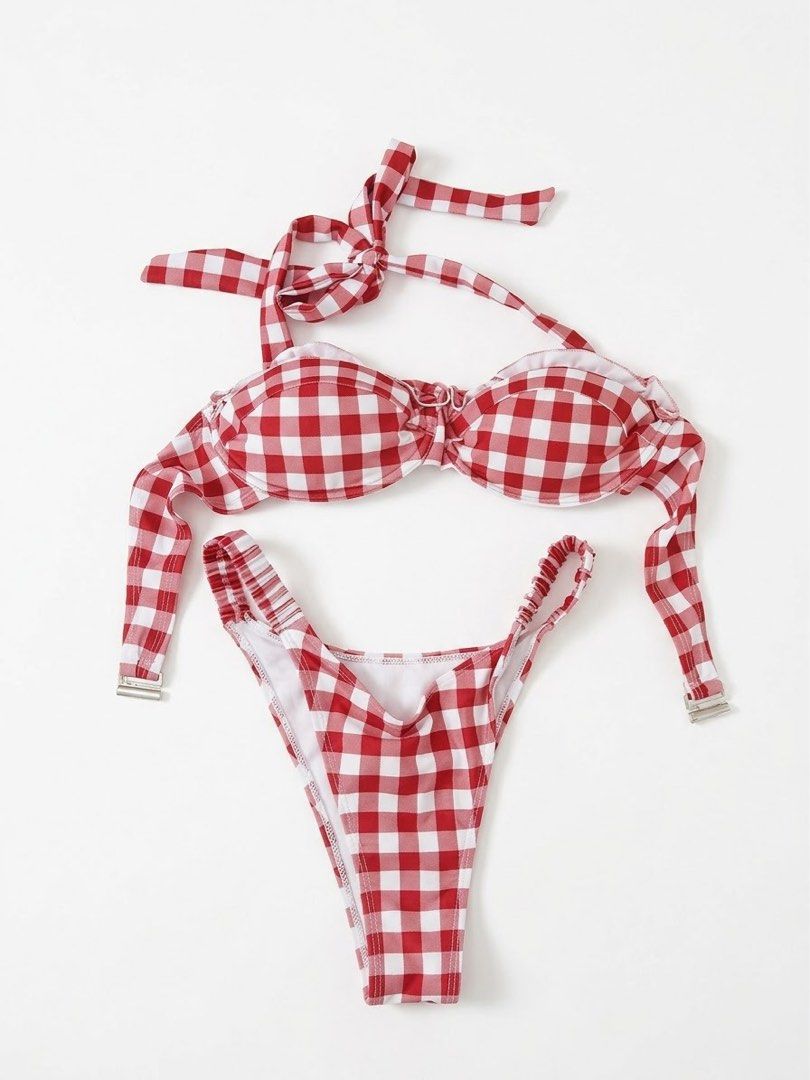 Red Gingham Bikini Set Halter Neck Tie Up (Category: Bikinis & Swimsuits) located in Makati City. Submitted by secondseries (Listing ID 1460928925, Image 1). Description: - could fit S to M - I removed the underwire cause it’s uncomfortable 😅 - never worn turns out I’m not a fan of it - Adorable red and white gingham bikini set - Halter neck top with adjustable tie-up straps - High-cut bikini bottoms with adjustable tie sides - Ideal for beach o
