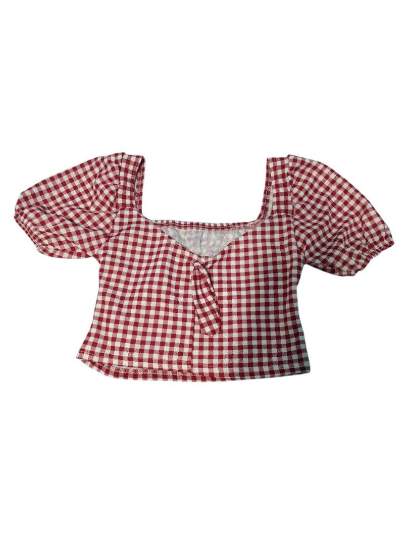 Red Gingham Tie Front Puff Sleeve Square Neck Crop Top (Category: Blouses) located in Baguio. Submitted by vyner_hues (Listing ID 1461094545, Image 2). Description: - Adorable red and white gingham pattern - Flattering square neckline - Trendy tie-front detail - Sweet puff sleeves - Ideal for summer, picnics, and casual outings - Easily pairs with jeans or shorts.