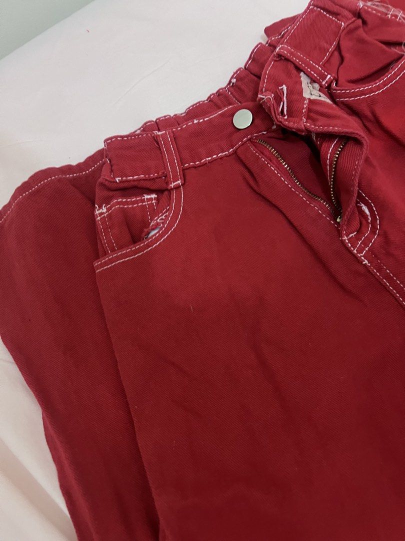 Red Pants with White Stitching (Category: Other Bottoms) located in Manila. Submitted by coles.collection (Listing ID 1461065952, Image 3). Description: - free if makaka 2 pcs up na purchase ng pants - size; •w - 24-25 •l - 39 •r - 12.