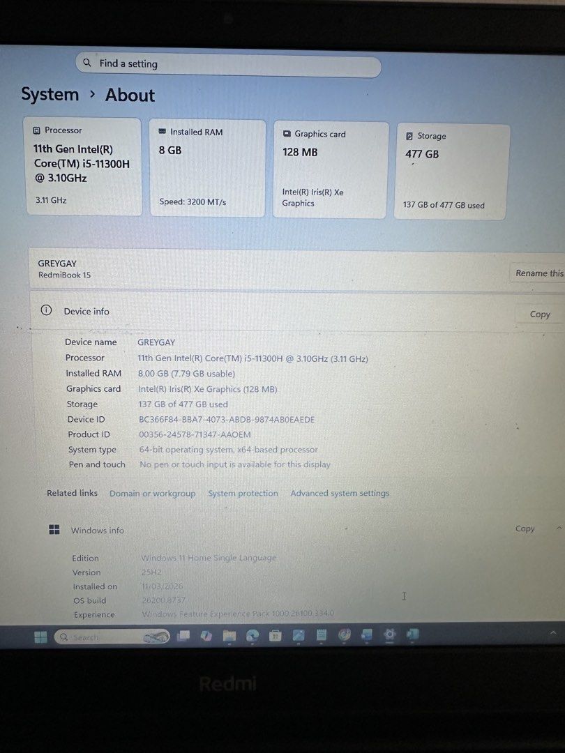 Redmibook 15 laptop (Category: Laptops & Notebooks) located in Manila. Submitted by xxrebelts (Listing ID 1460969045, Image 3). Description: Selling my RedmiBook 15, used and still in good working condition. Perfect for everyday use, school, work, browsing, Canva, and light editing. ₱ 13,500 FIX PRICE Bought it for 37, 999 Condition: • Fully functional and working properly • Has visible cosmetic signs of use (see slides) • Some minor scratches/sc