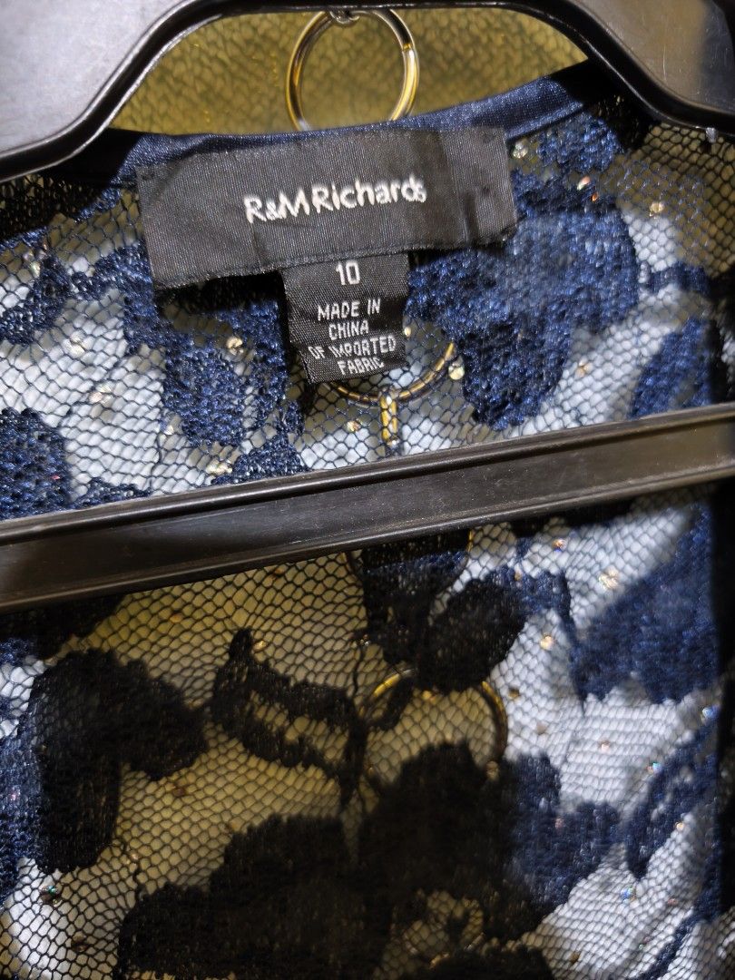 R&M Richards Navy Lace Sequin Open Front Jacket Size 10 (Category: Coats, Jackets and Outerwear) located in La Paz. Submitted by carou89146 (Listing ID 1461072322, Image 2). Description: - Navy blue lace jacket with sequins - Open front style - Ideal for elevating your look - Size 10 - Made in China.