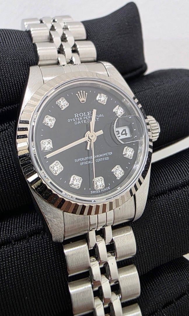 Rolex 69174 Factory Black Diamond with Cert (Category: Watches) located in Singapore. Submitted by sparkandtime (Listing ID 1460357329, Image 3). Description: Rolex 69174 with Cert Black diamond dial T serial cert dated 1996 18 links Watch is in great condition and running fine tested on timegrapher. Comes with Watch, Rolex certificate and rolex box Viewing welcome via appointment All pieces are authenticated and guaranteed original genuine. Shop