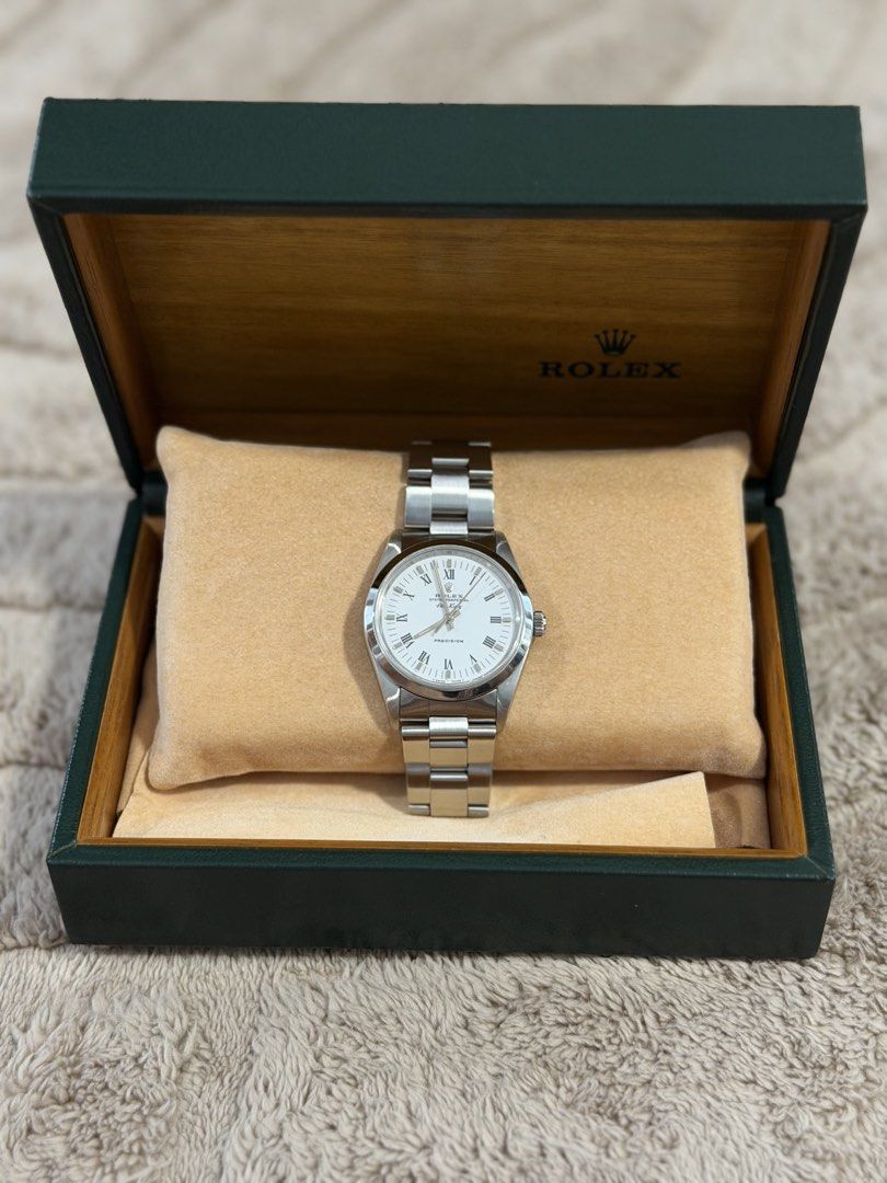 Rolex Airking (Category: Luxury Watches) located in Santa Rosa. Submitted by fourthhourtimepieces (Listing ID 1460956653, Image 1). Description: ROLEX AIR-KING PRECISION 🤍 A timeless vintage Rolex featuring a clean white Roman numeral dial, stainless-steel case, and classic Oyster bracelet. • Year 1996 • 34mm • Automatic movement • Watch with Rolex box • Good overall condition • Authentication welcome Asking Price: ₱275,000 Meet-up: Alabang Ship